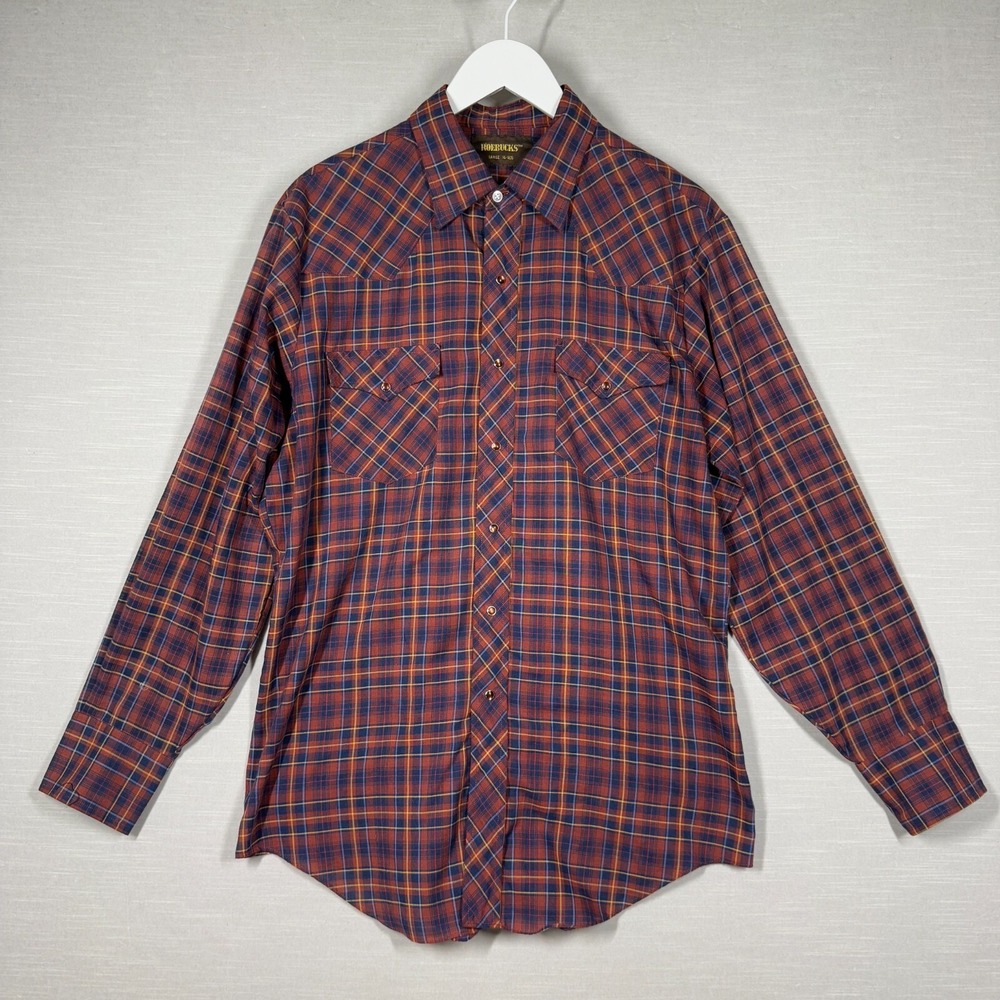 Vintage Roebucks Shirt Mens Large Plaid 16 1/2 Button Down Dress Casual Snap